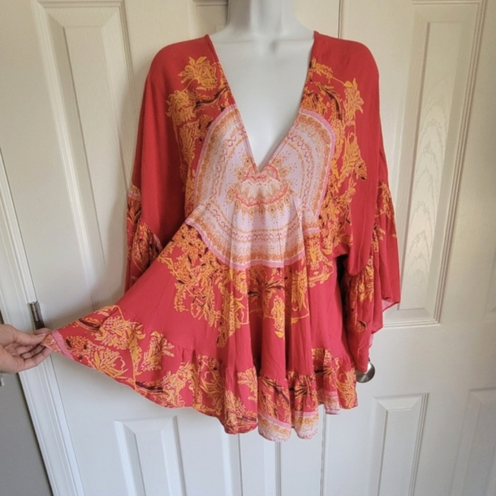 Free People Sunset Dreams boho print bell sleeve salmon color top women's‎ XS - Picture 8 of 16
